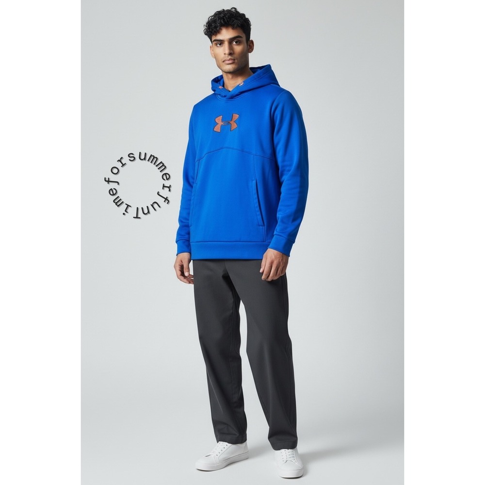 Under Armour Storm Mens Hoodie Royal Blue Orange Logo Fleece Pullover MD M